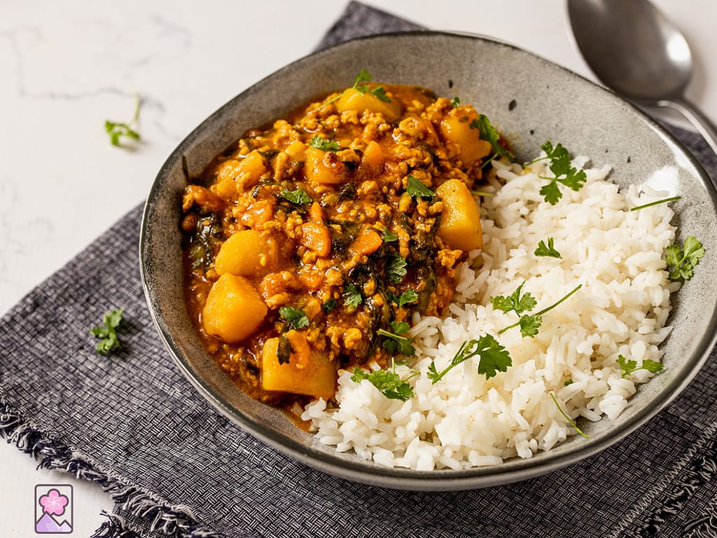 Minced meat curry on a ceramic plate with white rice