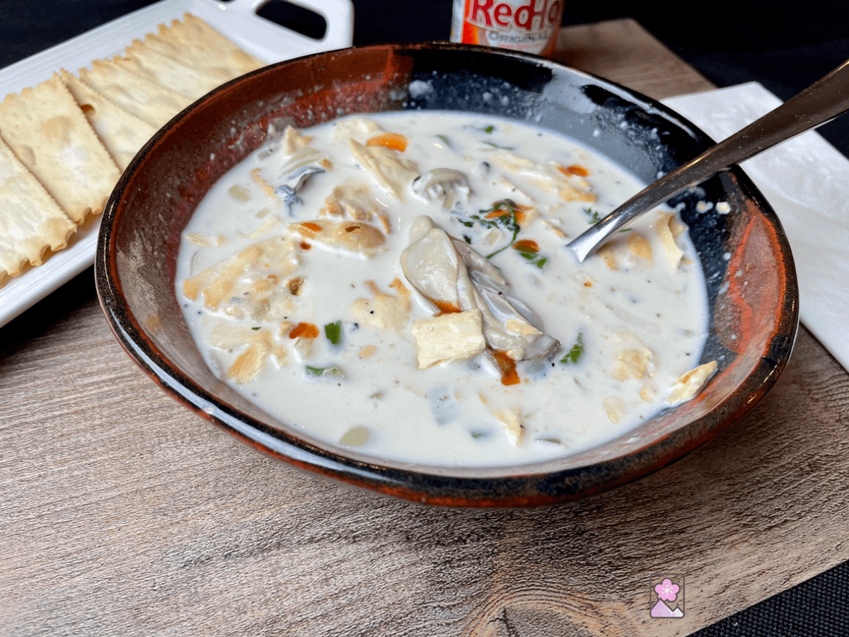 Hiroshima Oyster Stew in a clay ceramic bowl
