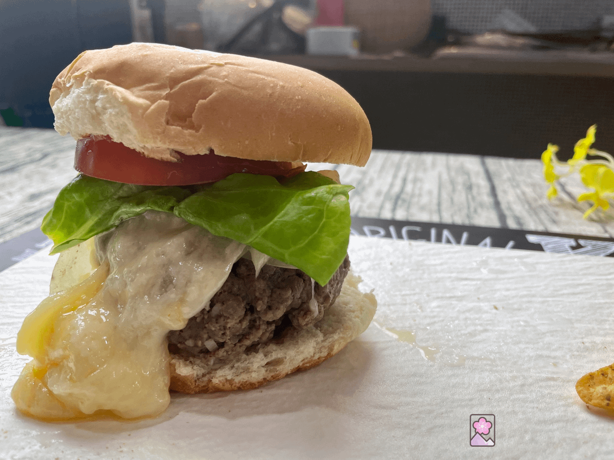 Steamed Cheeseburger on a bun dripping with cheese with lettuce and tomato. It’s on a ceramic rectangular plate.