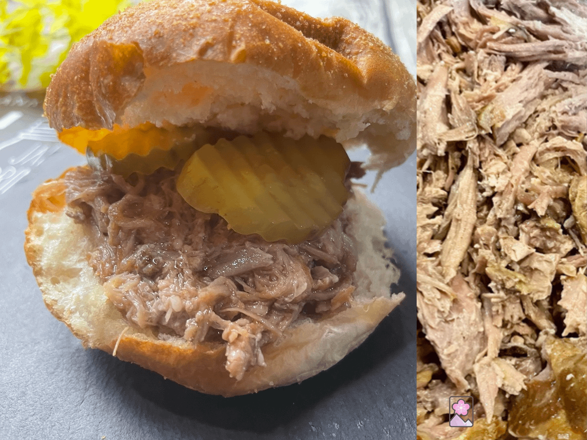 Pulled pork slider and a closeup of pulled pork
