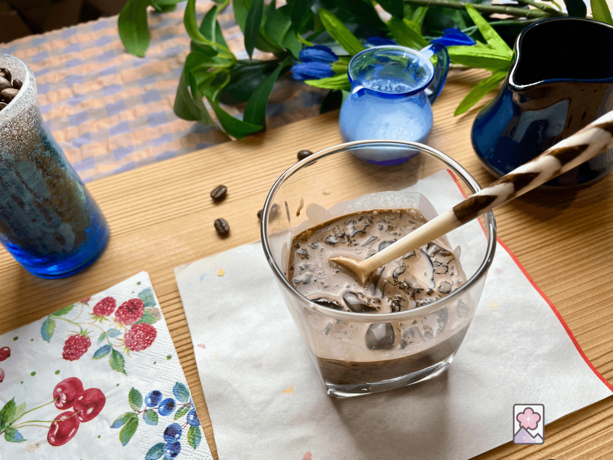 Japanese Sweet Coffee Jelly in a glass, swimming in cream and chocolate syrup