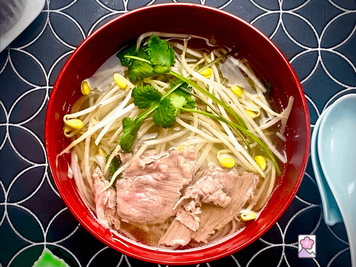 Vietnamese Pho Noodle Soup, served in a large soup bowl with savory slices of beef, fresh bean sprouts and vibrant cilantro creates a delicious and savory meal