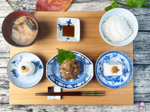 A delicious baked Okara lunch served Japanese style with soup, tofu, and rice