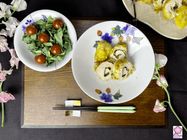 Japanese Style Chicken Rollups served with a salad
