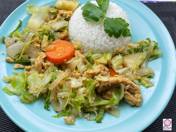 Fu Champuru On a plate with a scoop of white rice