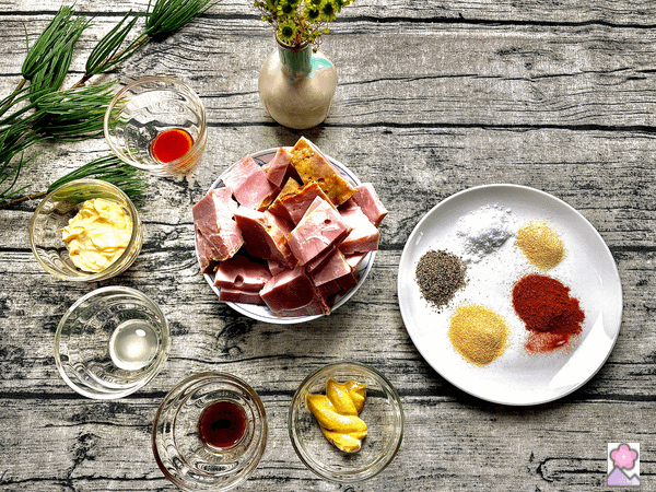 Homestyle Deviled Ham Ingredients laid out on a tablecloth