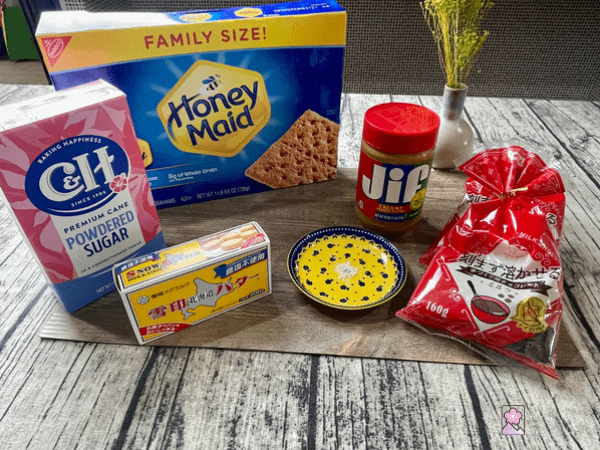 No bake peanut butter bar ingredients Lined up on a board