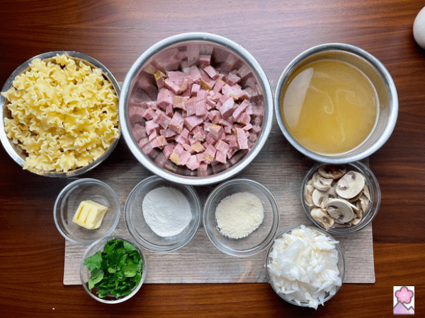 Ham Tetrazzini ingredients on a wooden placemat