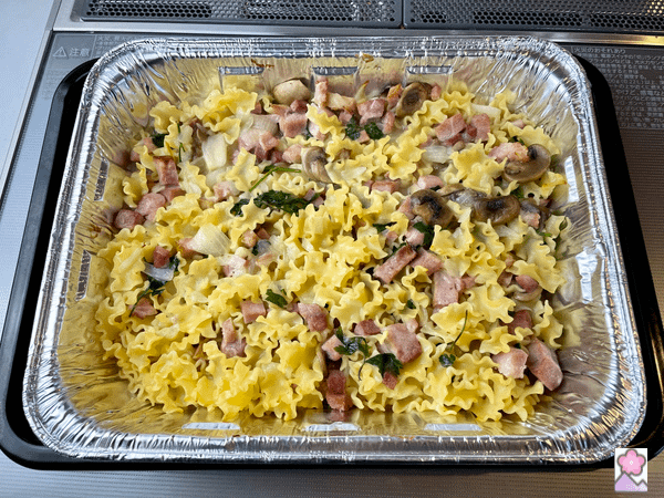 Tetrazzini in a foil casserole pan cooling before serving