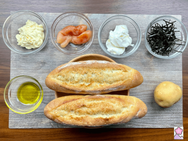 Mentaiko Potato Bread Ingredients on a wood board