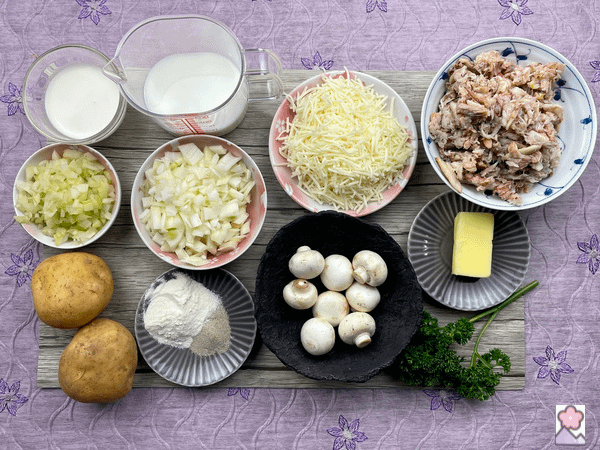 Crab Gratin Ingredients Lined up on a board