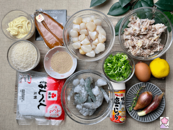 Shellfish Cakes with Karasumi Mayonnaise Ingredient Board