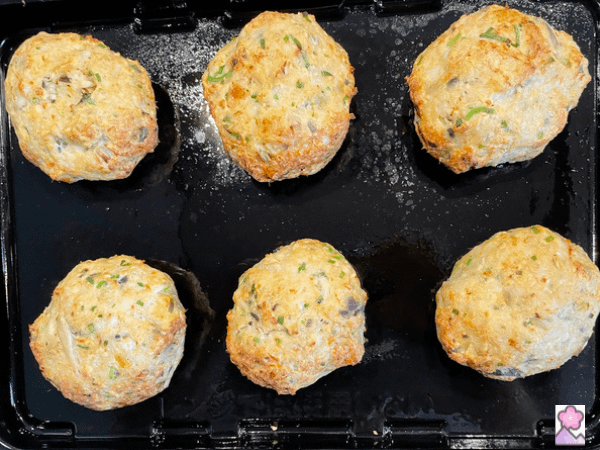 Six Shellfish cakes after cooking on a baking pan