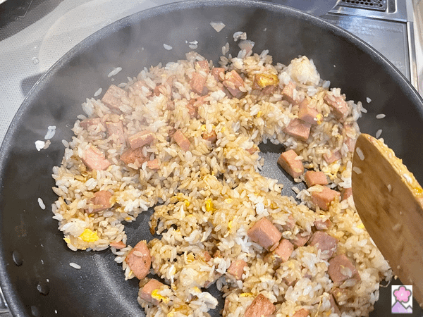 Loco Moco Spam Fried Rice in a fry pan