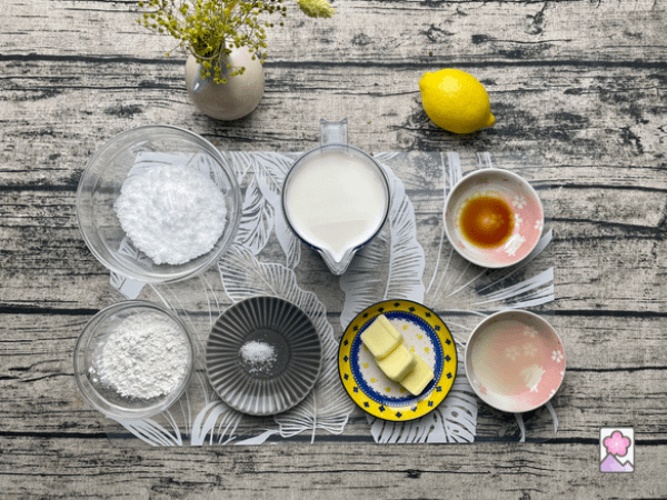Lemon Kudzu Pudding Ingredients lined up on a table