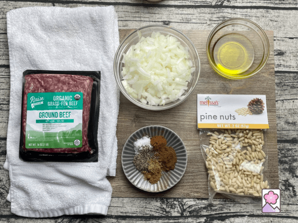 Kibbeh filling ingredients on a board