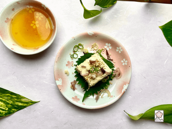Goma tofu with toppings and dipping sauce