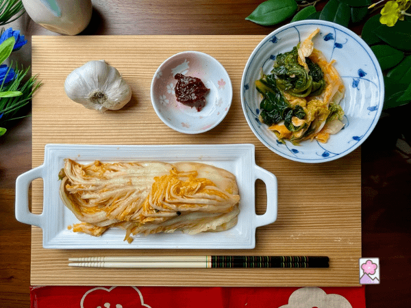 Delicious Japanese style kimchi made with shottsuru fish sauce from Akita, red pepper sauce, chopped shiso, garlic and ginger is set out for serving after fermenting