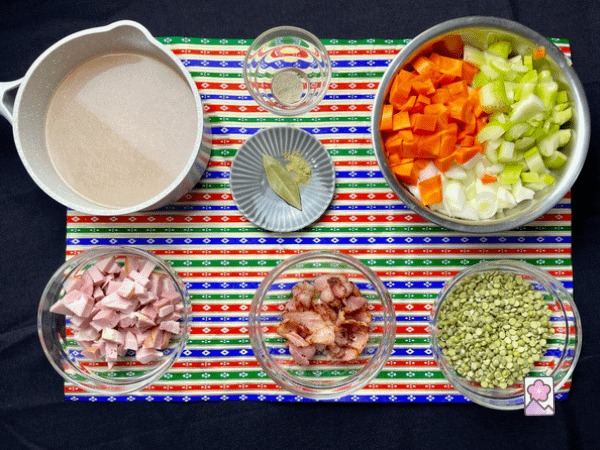 Plenty of fresh delicious ingredients go into my Chunky Split Pea soup! Check out this ingredient board