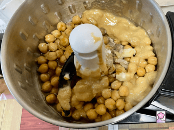 Hummus ingredients in a food processor