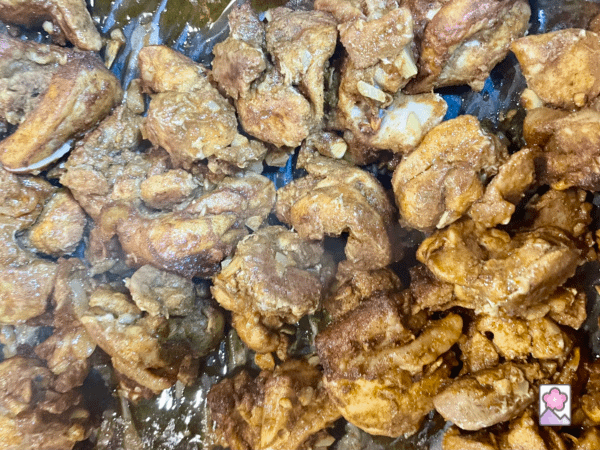 Chicken Shawarma cooked, off the skewer and cooling down in a baking pan
