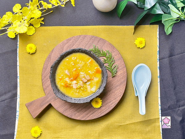 Serving up Chunky Split Pea Soup on a beautiful place setting