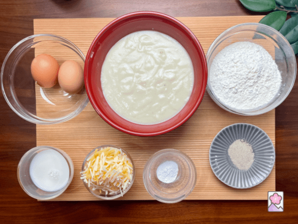 Vichyssoise Potato Pancakes ingredients On a wooden board