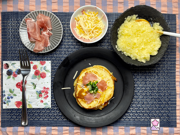 Vichyssoise Potato Pancakes with applesauce cheese and ham on the side