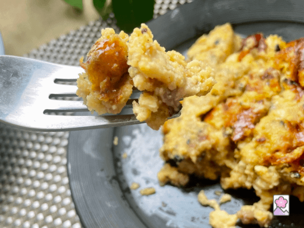 A fork full of delicious Leftover Turkey and Stuffing Loaf