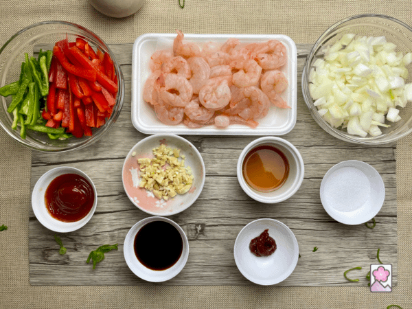 Shrimp with Chili Sauce- ingredients on a board