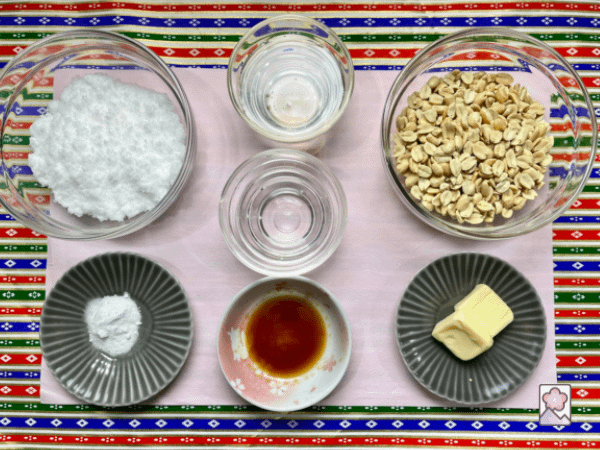 Crunchy Peanut Brittle Ingredients laid out on a placemat