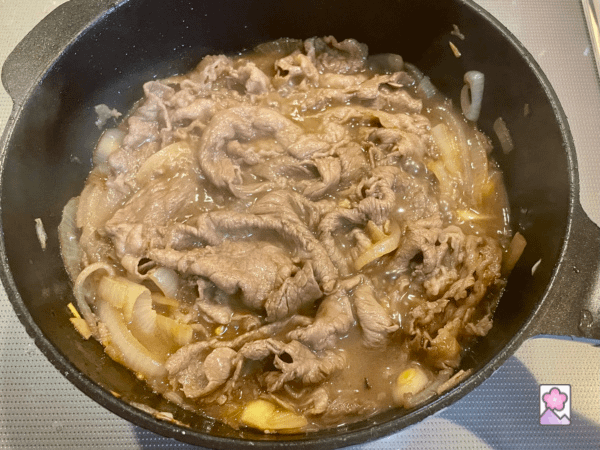 Beef Donburi topping is simmering in a skillet