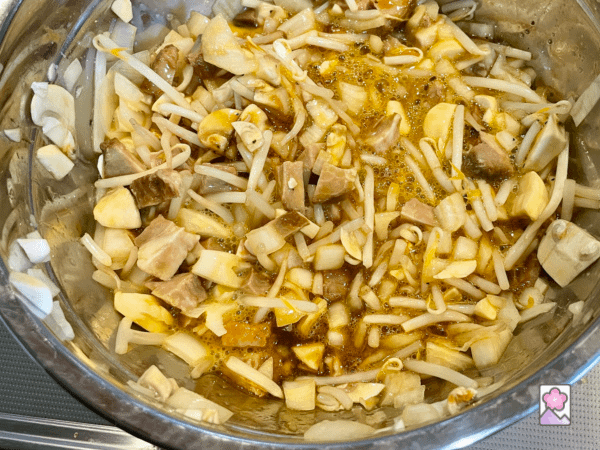 Omelette mixture loaded with meat and vegetables