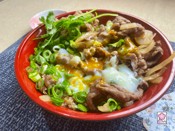 Beef Donburi with a broken soft boiled egg on top