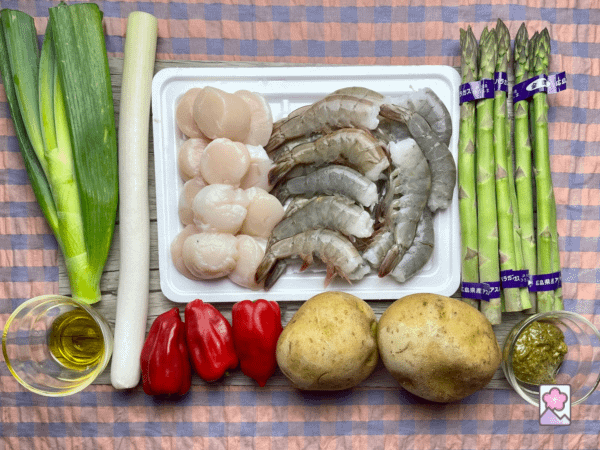 Ingredient board for Roasted Seafood and Asparagus Salad