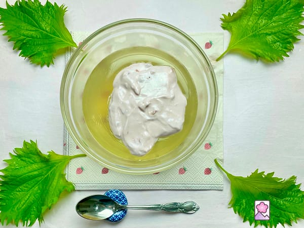 Refreshing Shiso Jelly topped with a dollop of strawberry yogurt