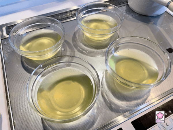 Shiso jelly poured into 4 glass molds