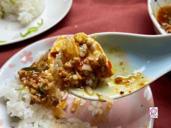 A spoonful of Tofu in XO sauce with Steamed White rice.