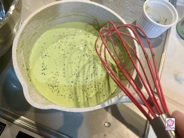 Mixing ingredients for Matcha Green Tea ice cream - until the lumps are gone.