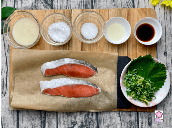 Koji Salmon ingredients on a wooden board