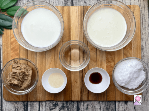 Ingredients for chestnut Panna cotta on a board
