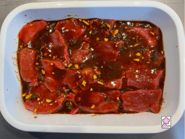 Beef marinading in a delicious soy based Japanese marinade