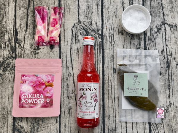 Sakura Gelatin ingredients laid out on a tablecloth