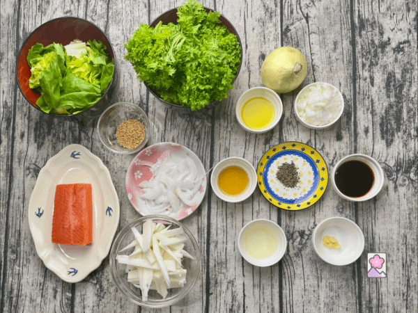Ingredients for Japanese Salad with Onion Vinaigrette all lined up on a table.