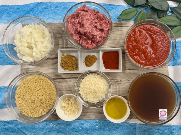 Youvetsi Ingredients Are arranged on a board