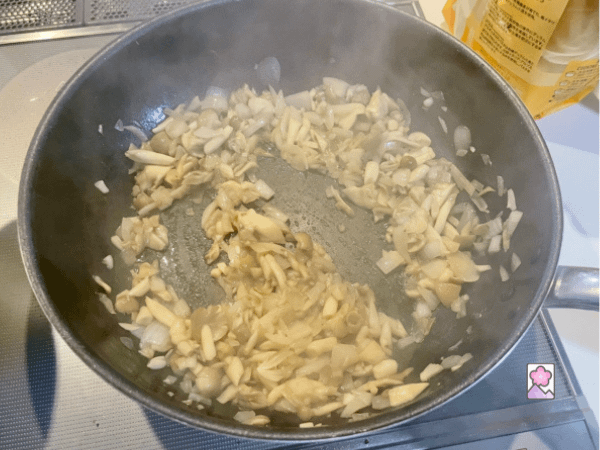 Mushrooms, onion and garlic sautéed in a skillet