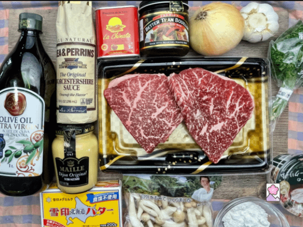 Wagyu Stroganoff Ingredients laid out on a table