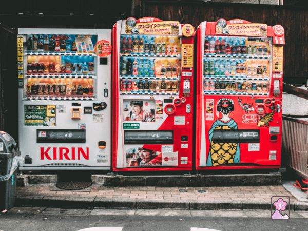 vending machines in Japan, full of colorful drinks, also selling both sweetened and unsweetened chilled green tea