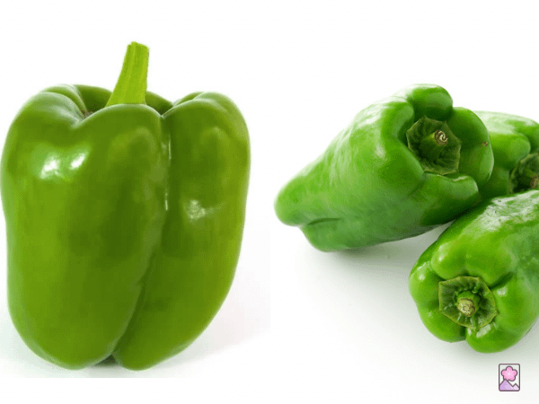 An American Green Bell pepper on the left and 3 smaller Japanese green peppers on the right