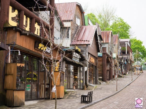 A village street with wooden buildings lined up along the street